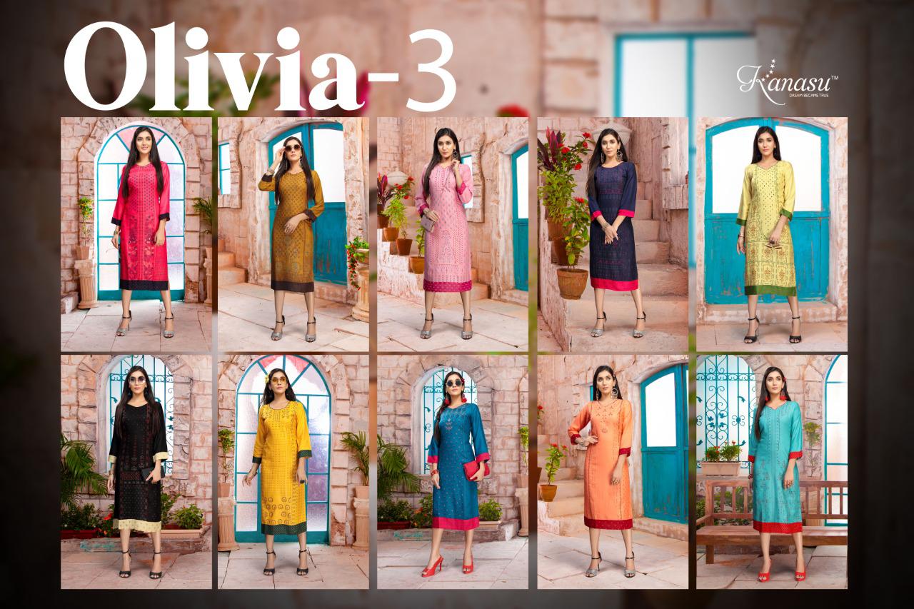 Kanasu Olivia 3 Latest Fancy Designer Heavy Rayon Straight Kurti Collection
